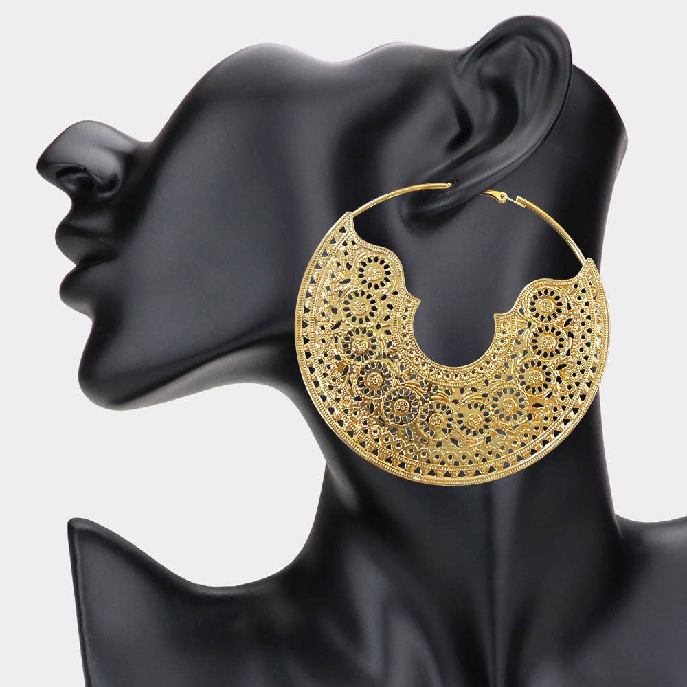 Oversized Metal Filigree Hoop Earrings