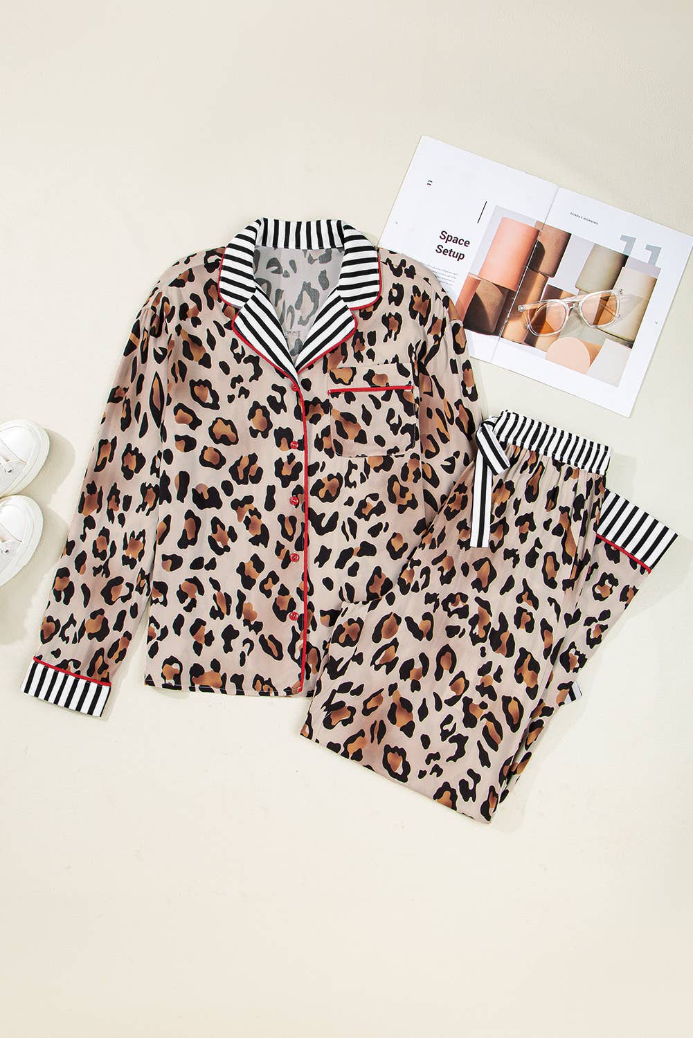 Leopard Print Striped Edge Shirt and Pants Christmas Pajamas