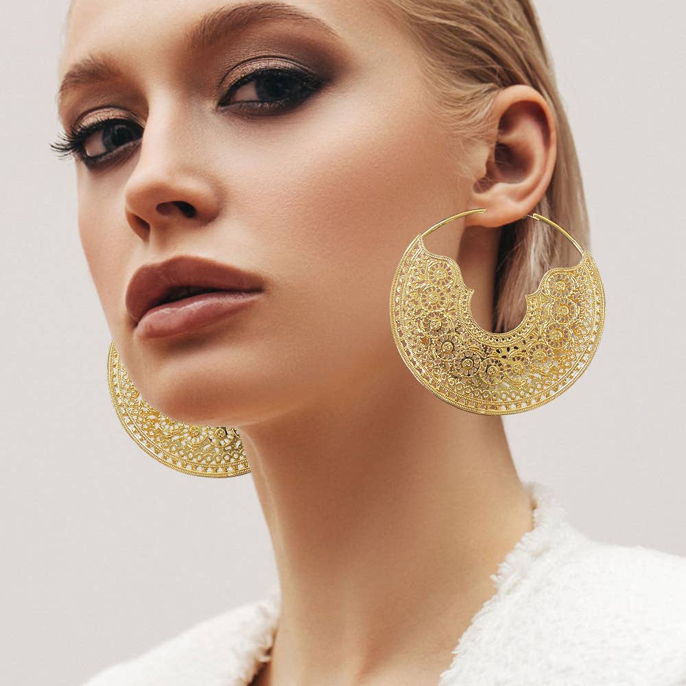 Oversized Metal Filigree Hoop Earrings