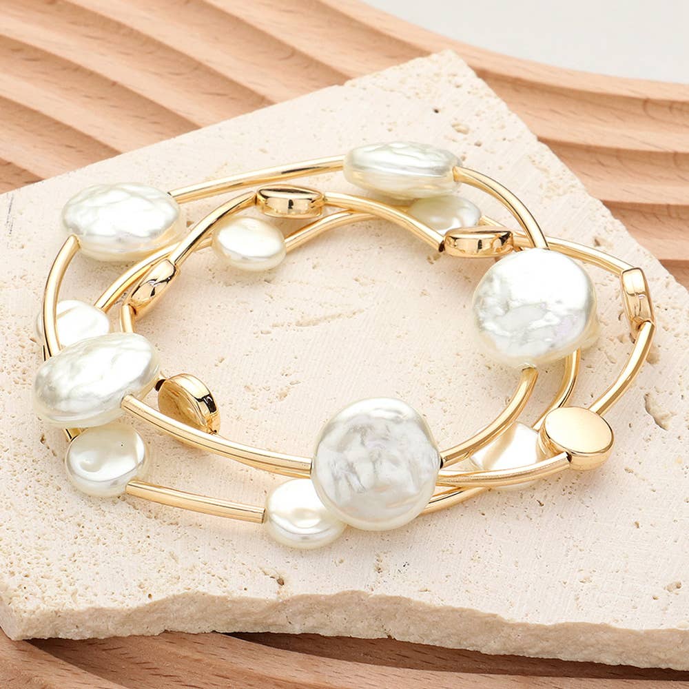 3PCS - Natural Pearl Disc Pointed Stretch Multi Bracelets
