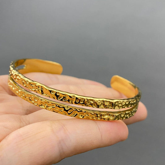 Hammered Texture Hollow 18K Gold Plated S.Steel Cuff - FGS