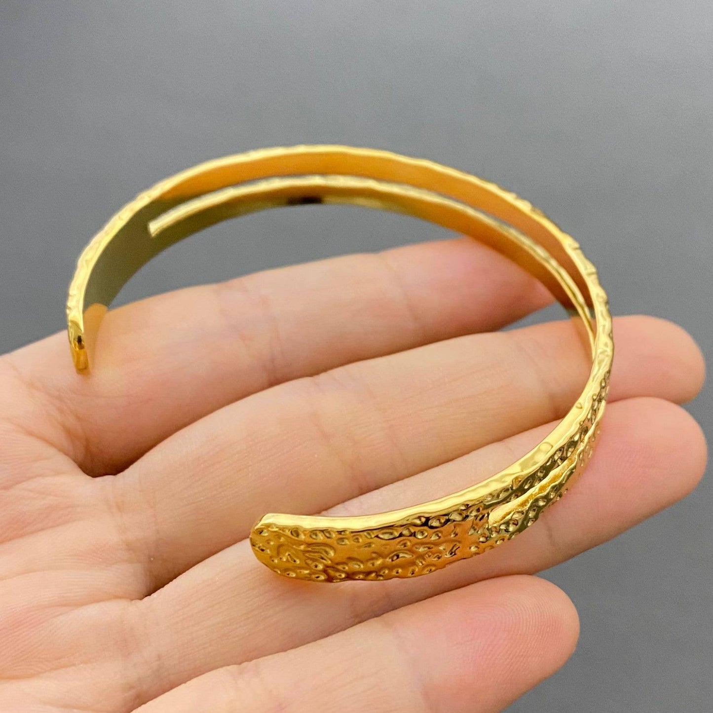 Hammered Texture Hollow 18K Gold Plated S.Steel Cuff - FGS
