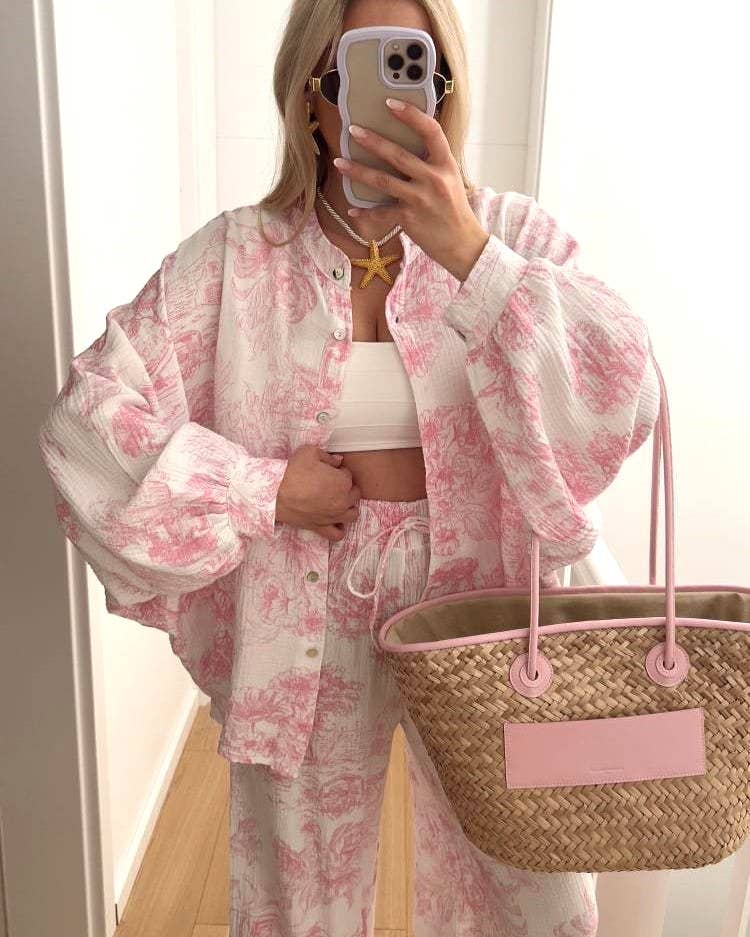 Lantern Sleeve Button Shirt Drawstring Pants Lounge Set