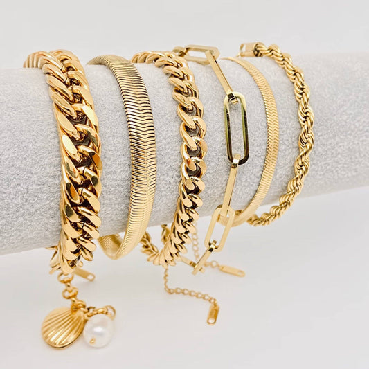 Multi Style 18K Gold Plated Steel Chain Bracelets - FGS