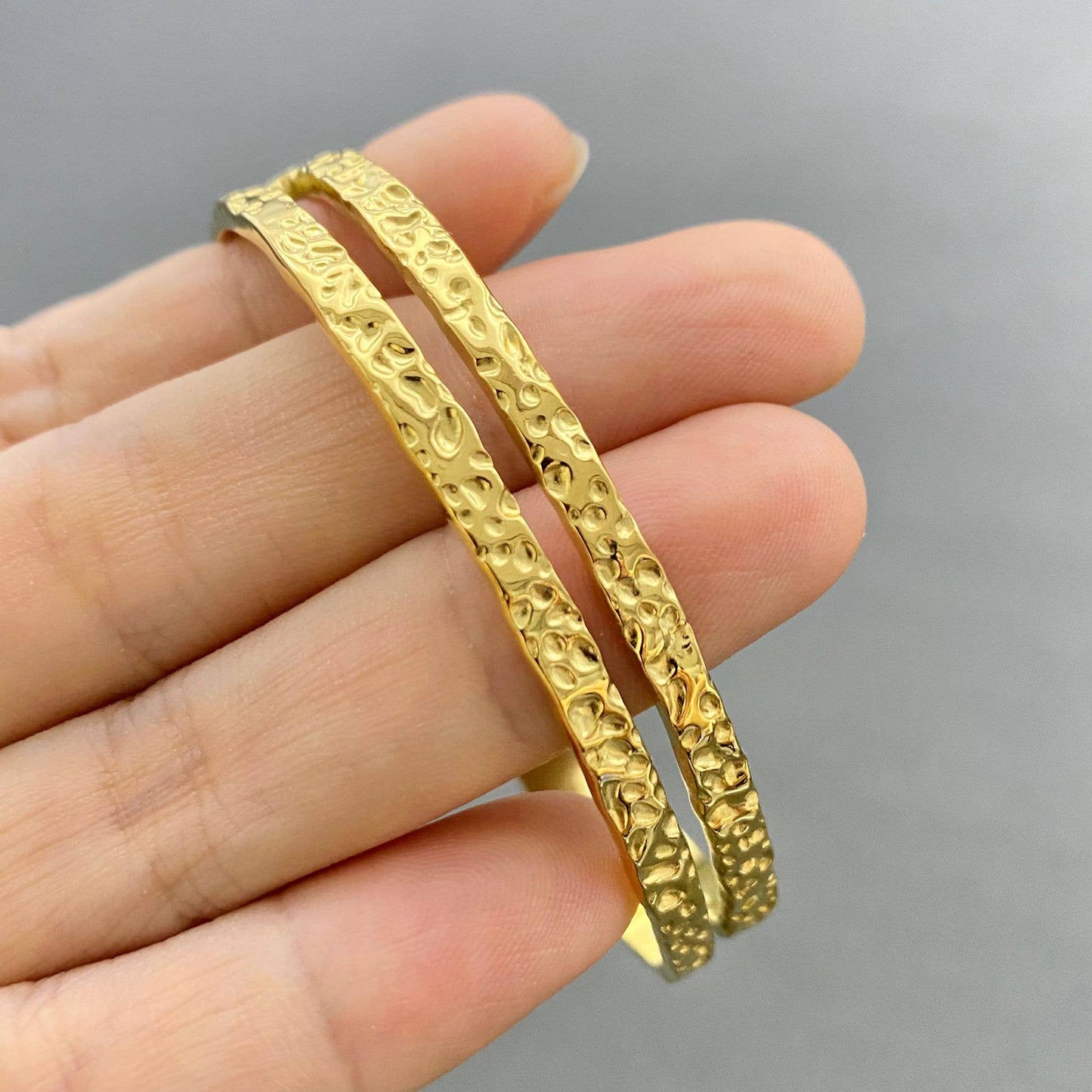 Hammered Texture Hollow 18K Gold Plated S.Steel Cuff - FGS
