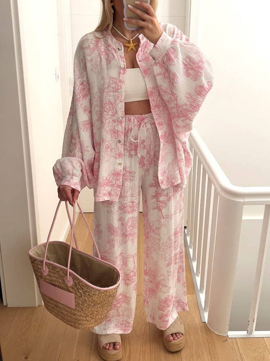 Lantern Sleeve Button Shirt Drawstring Pants Lounge Set