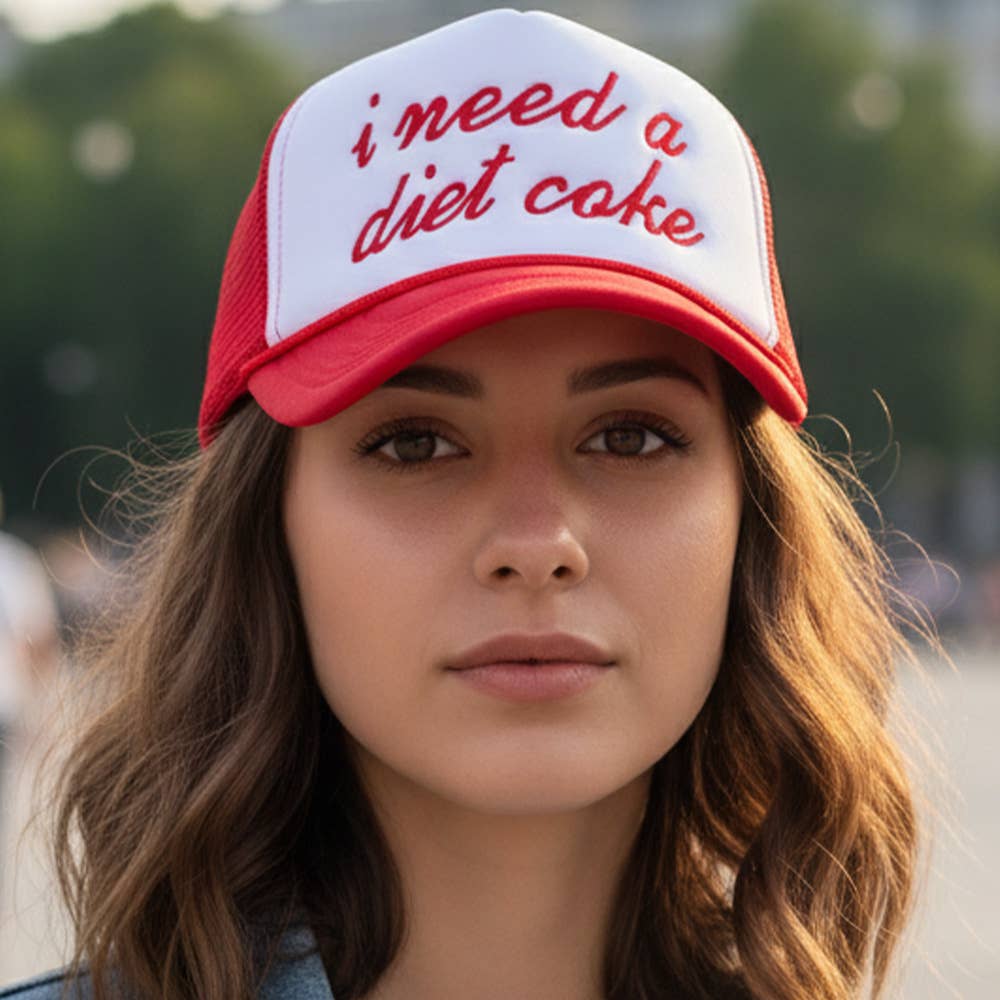 I NEED A DIET COKE Message Embroidered Mesh Back Trucker Cap