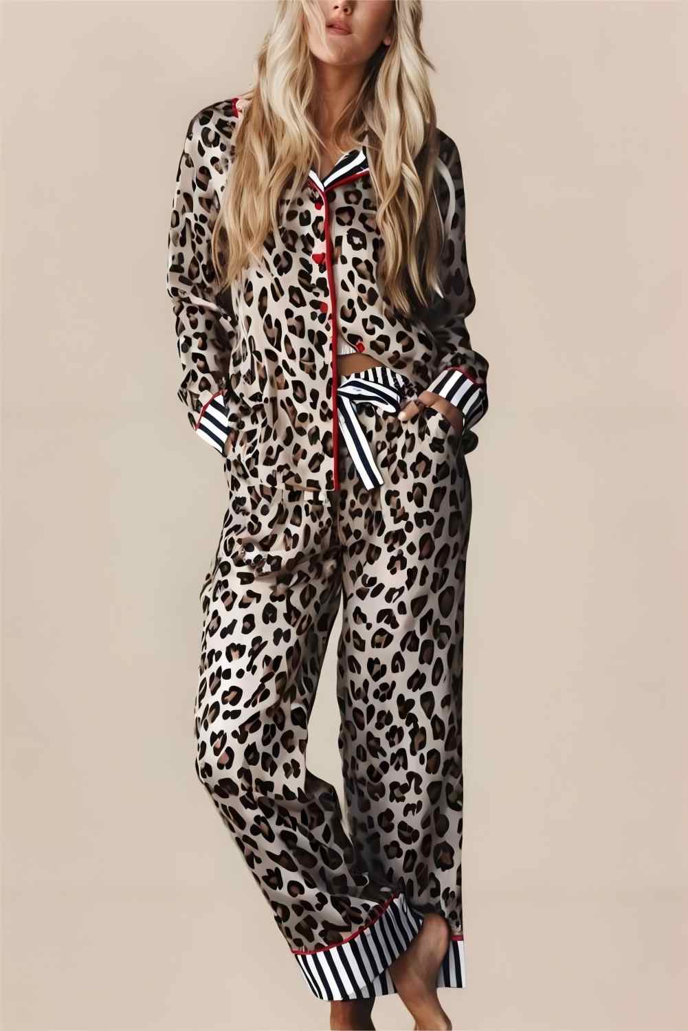 Leopard Print Striped Edge Shirt and Pants Christmas Pajamas