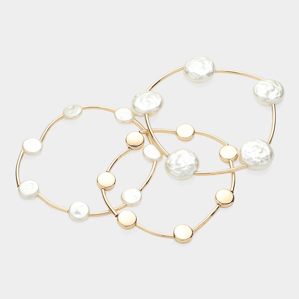 3PCS - Natural Pearl Disc Pointed Stretch Multi Bracelets