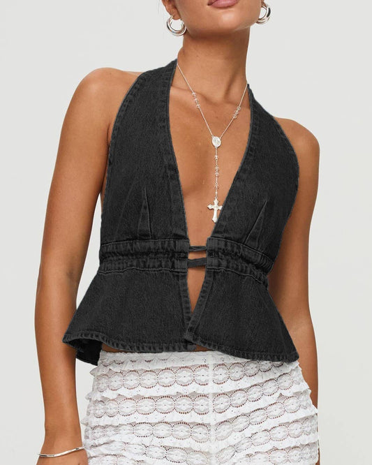 Halterneck Strappy Denim Vest