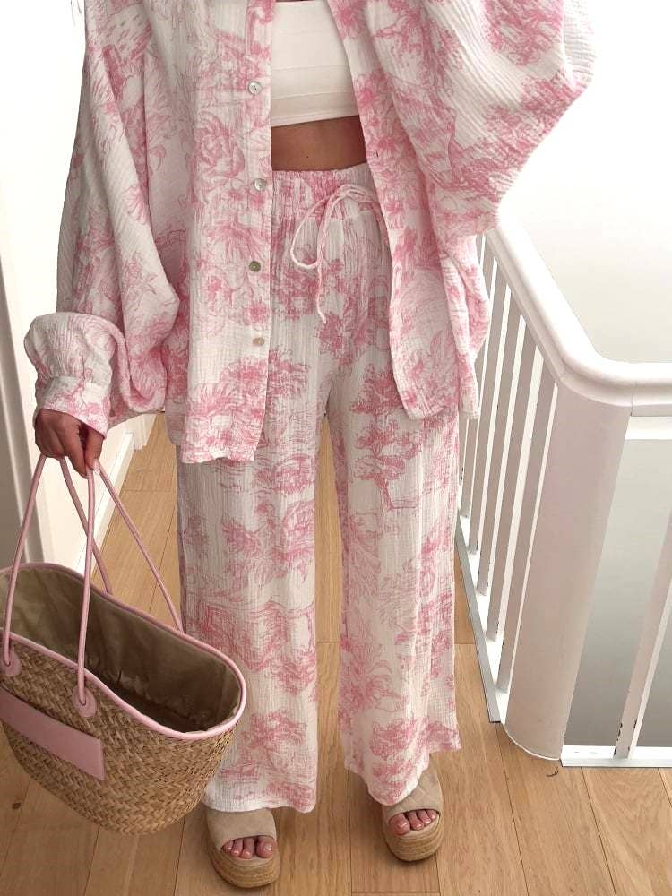 Lantern Sleeve Button Shirt Drawstring Pants Lounge Set