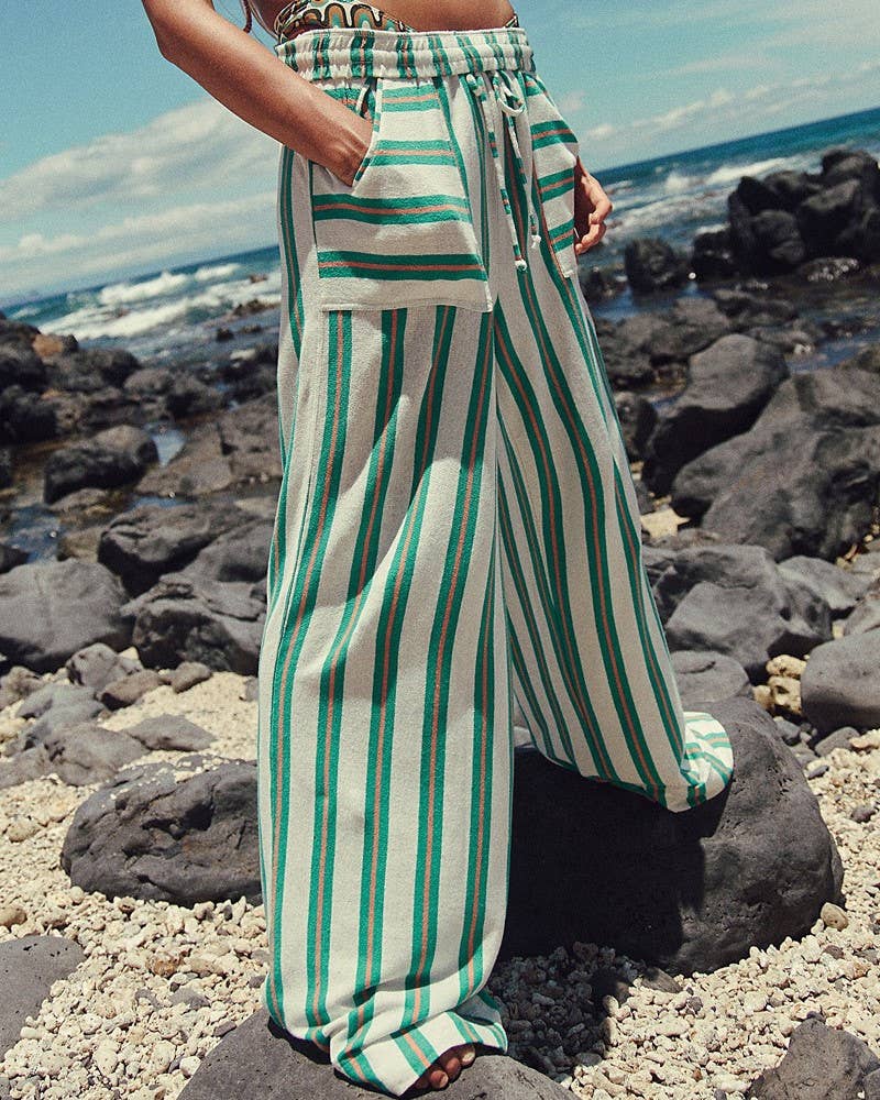 Striped Beach Homely Drawstring Wide-Leg Trousers